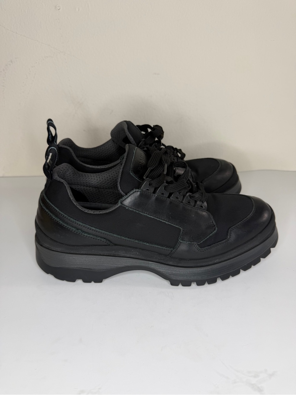 PRADA Lace Up Brixxen Sneakers Casual Hiking Walking Shoes Black Leather Men 8.5